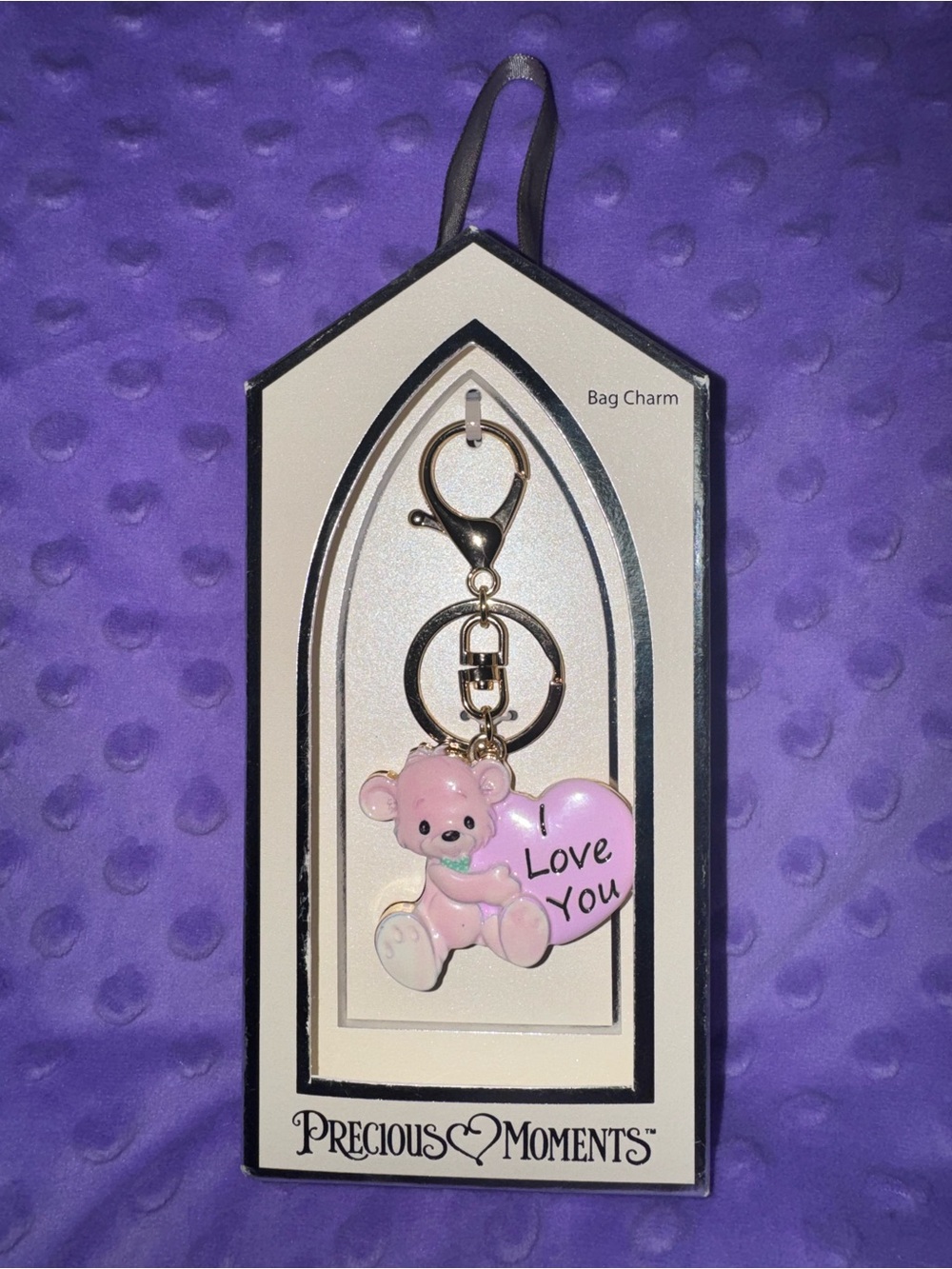 💕Precious Moments Pink Bear 'I Love You' Heart Bag Charm💕